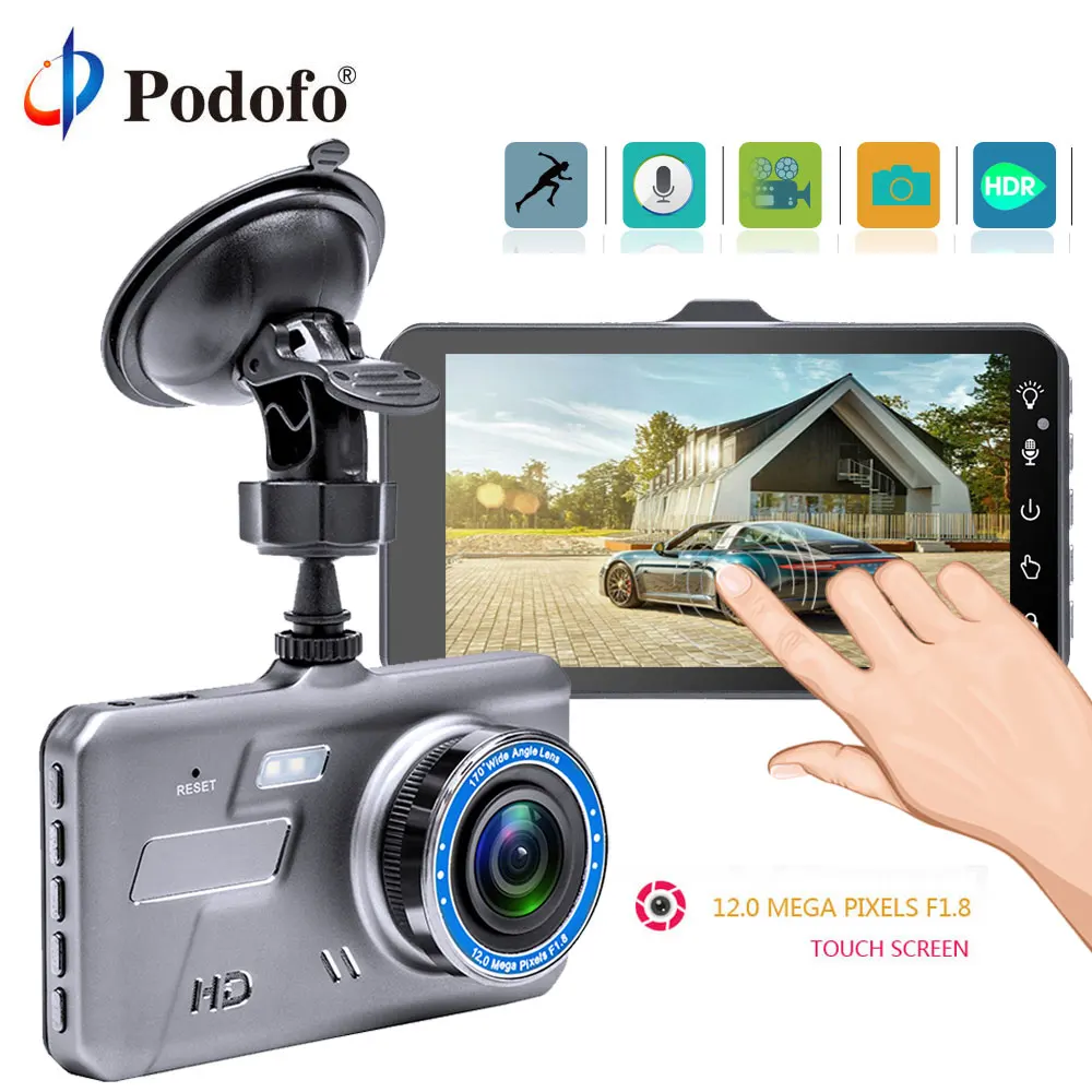 

Podofo Touch Screen Dash Cam New Dual Lens Car DVR Camera FHD 1296P 4" IPS Registrator Night Vision Dashcam G-sensor Recorder