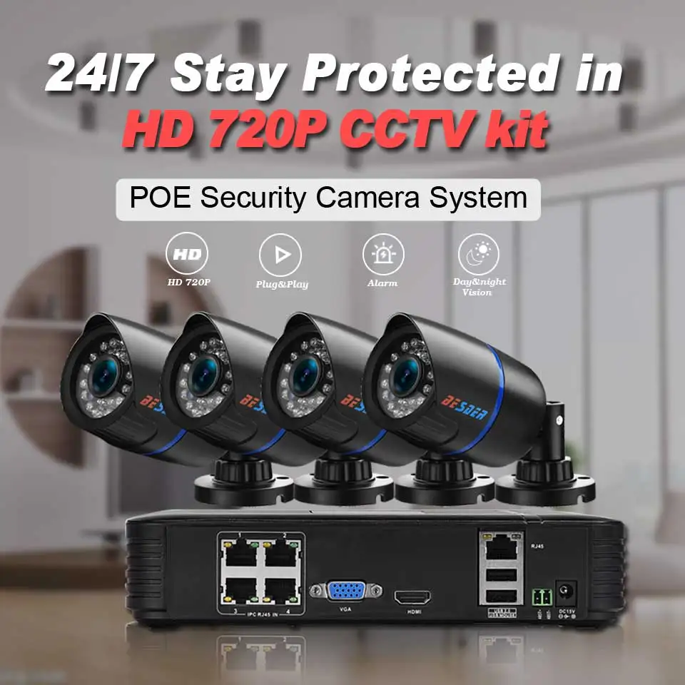 Система видеонаблюдения BESDER PoE 720P МП 4 канала 15 В NVR 2/4 IP камеры|poe cctv kit|poe cctvkit kits |