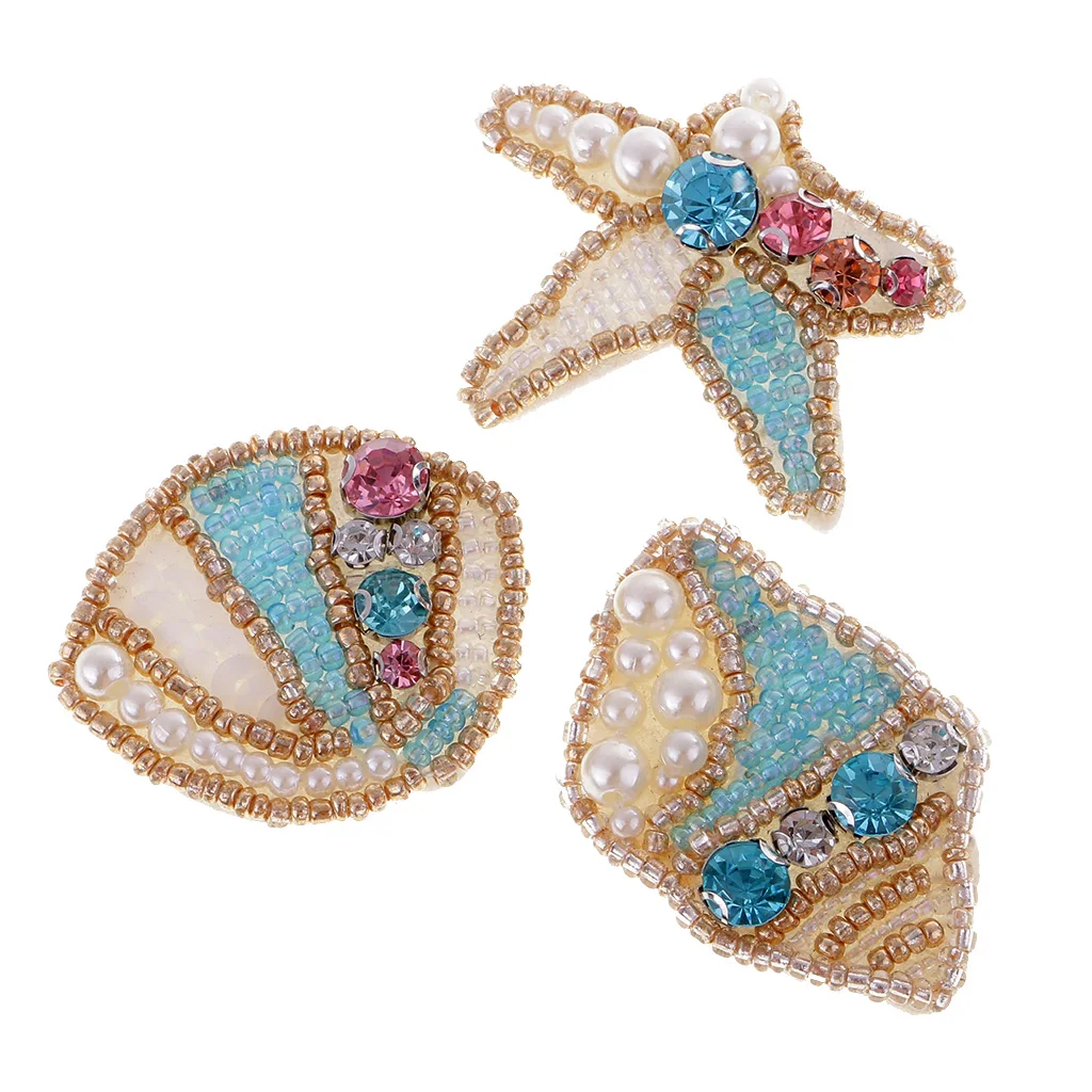 3Pcs Sew on Iron on Rhinestone Pearl Patch Beaded Starfish Conch Transfer Badge Applique for Clothes Bag Hat Craft Decor DIY