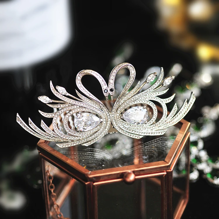 

Micro Paved Full Cubic Zircon Swan Tiara Comb Zirconia Crown Wedding Hair Accessories Bride CZ Coroa Novia Bijoux WIGO1211