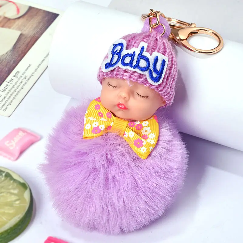 HYBZH Hot Sell Cute Sleeping Baby Doll Key Chain Faux Rabbit Fur Keychain Fluffy Pom Keyring Bag Car Trinket Women Gift | Украшения и