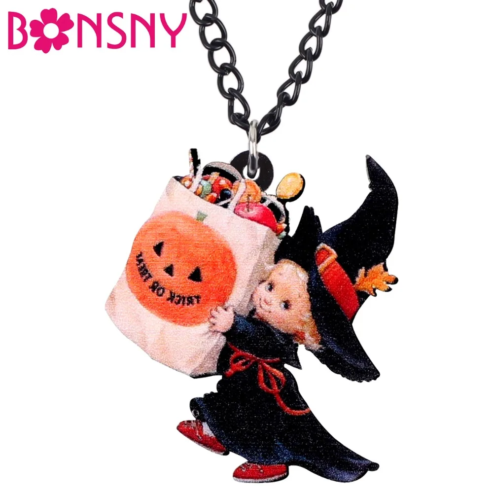 

Bonsny Acrylic Halloween Sweet Angel Pumpkin Candy Bag Necklace Pendant Sweater Chain Anime Jewelry For Women Girls Teens Gift