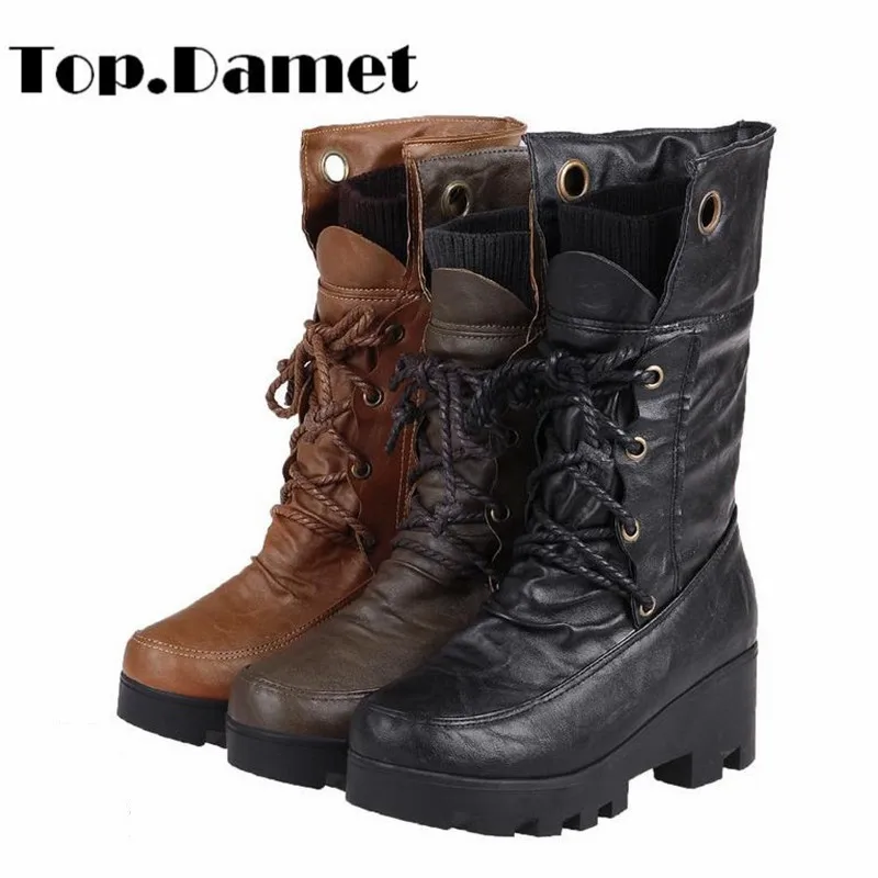 

Top.Damet Fashion Boots Woman Autumn Winter High Heel Platform Lace Up Short Boots Solid Color Mid Calf Boots Plus Size Female