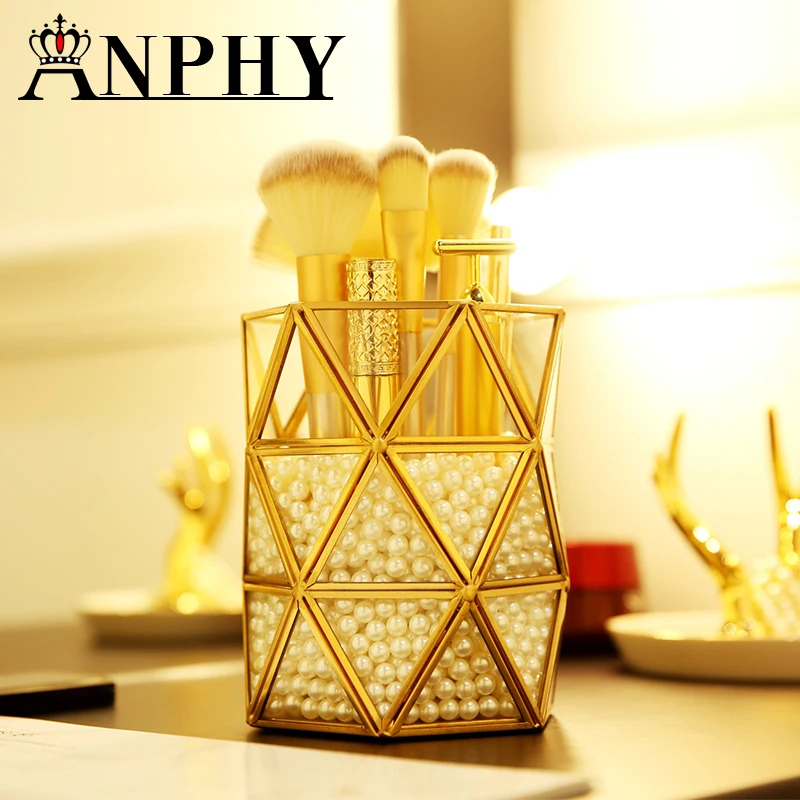 

ANFEI Golden Glass Makeup Brush Storage Jewelry Holder Geometric Storage With Pearls Jewelry Organizer Box Dressing Table Decor