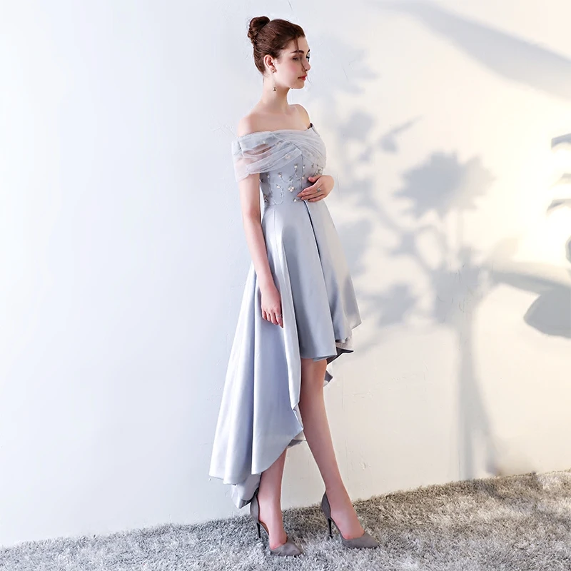 Beauty Emily Sexy Asymmetrical Grey Evening Dresses 2019 Off the Shoulder Evening Occasion Dresses For Prom Party Dresses