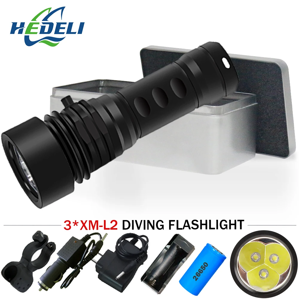 

3led underwater video light scuba flashlights rechargeable torch 26650 cree xm l2 waterproof lantern searchlight lampe tactique