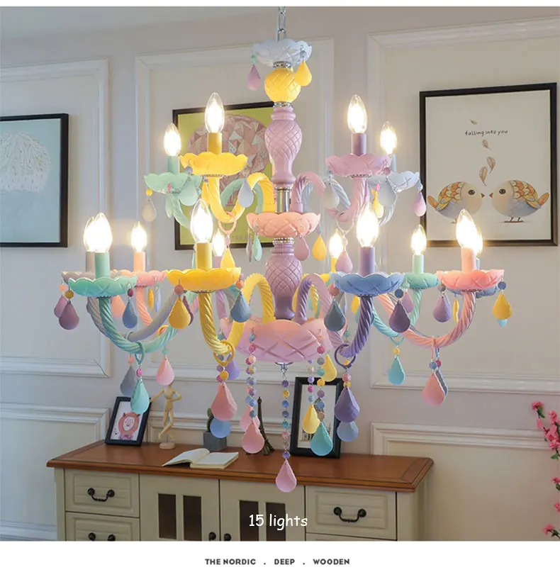 Personality colorful glass for children's room decoration chandelier macaron color crystal LED E14 lighting hanging chain adjust