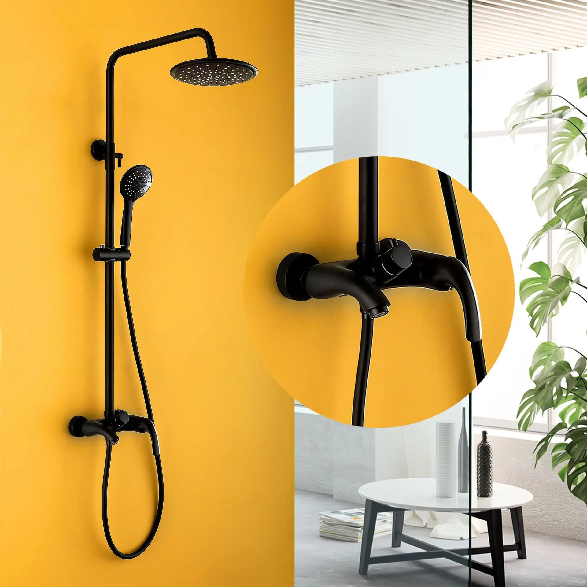 

luxury shower bathing black paint three function shower faucet round 8 inch shower head wall mounted shower system DS13001