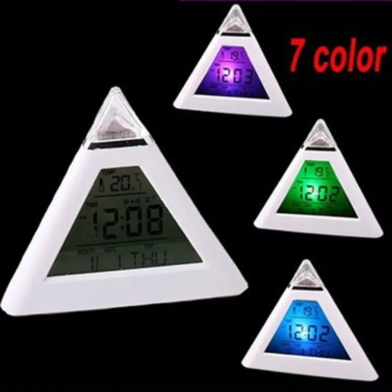 2016 Новинка 7 цветов менять цифровой будильник Подсветка Пирамида Температура