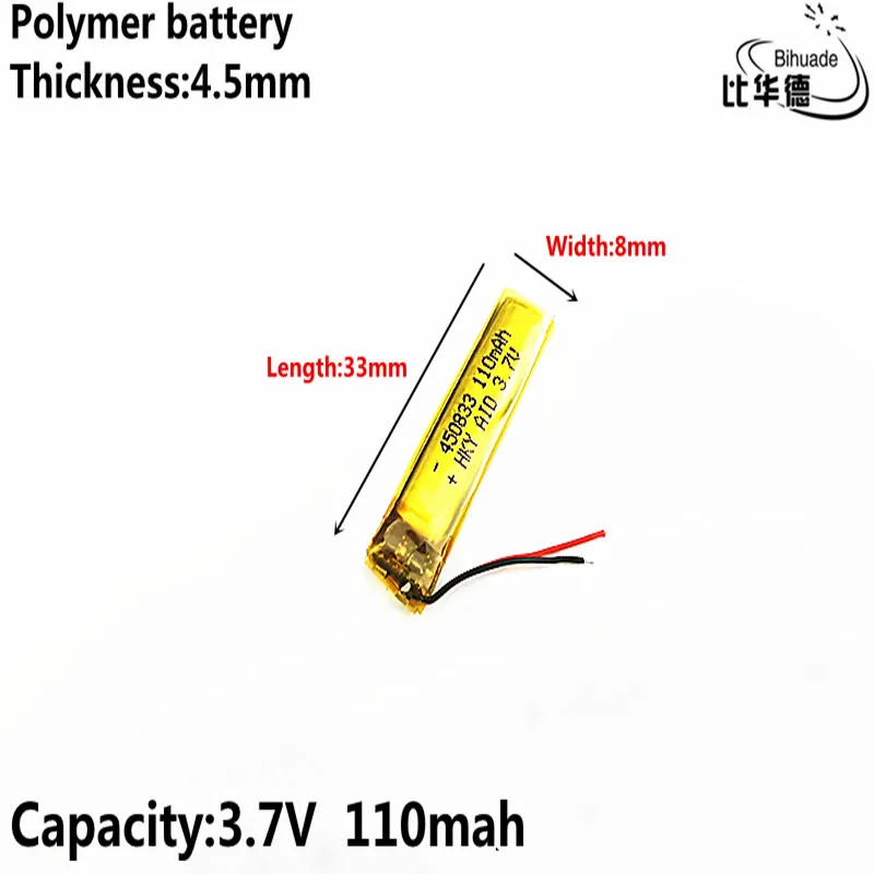 3.7V 110mAh 450833 Lithium Polymer Li-Po li ion Rechargeable Battery cells Mp3 MP4 MP5 GPS PSP mobile bluetooth lithium ion battery