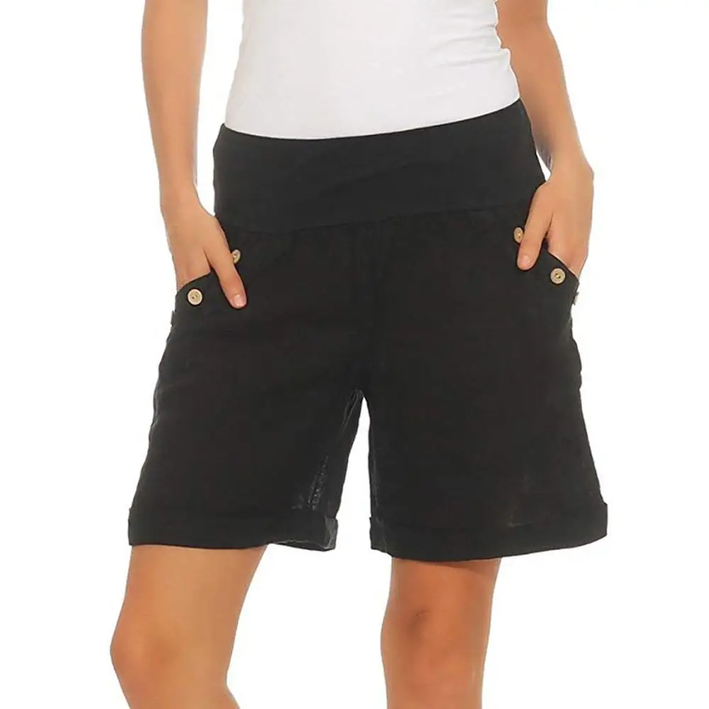 Черный pantalon femme женские летние повседневные Однотонные эластичные брюки с высокой талией брюки с карманами на пуговицах широкие брюки короткие pantalones mujer TDH - Цвет: Черный