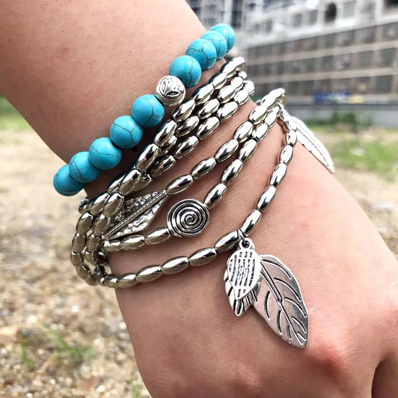 UAM Boho Hand Jewelry Natural Stone Beaded Bracelets &amp Bangles Plant Leaves Charm Bracelet Silver Multiple Layers Pulseras Women |