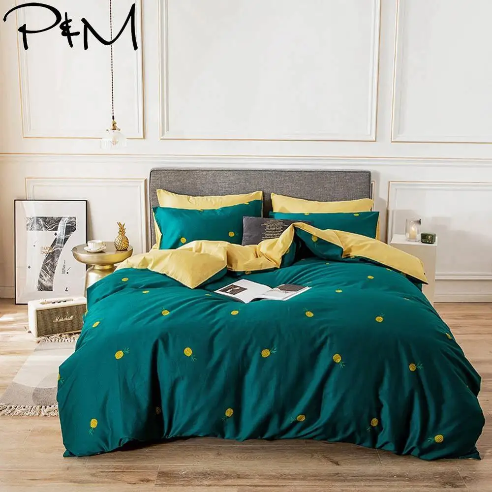 

2019 Yellow Pineapples Green Bedlinens Twin Queen King Size Flat Sheet Fitted Sheet Duvet Cover Set Soft Cotton Bedding Set