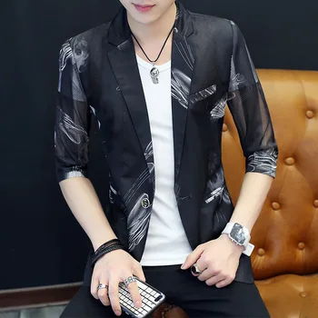 

Men's Seven Sleeve Print Blezer Masculino Thin Sections Mesh Chiffon Jacket