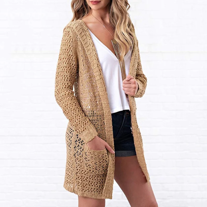 

New Fashion Knitwears Casual Coats Womens High Qualtiy Hooded Openwork Knit Cardigan Plus Size Female Tops Long Cardigan Sweater