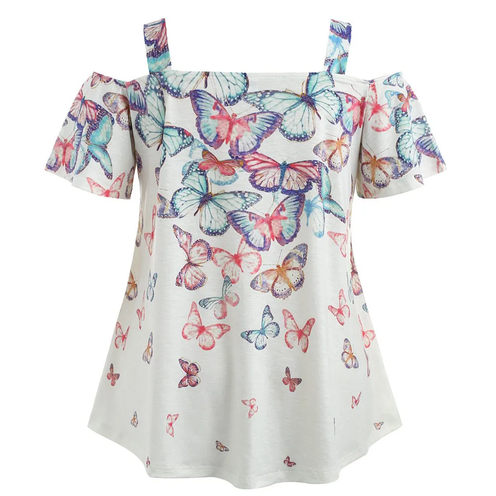 Модная женская хлопковая Свободная рубашка в стиле бохо с открытыми плечами и бабочкой размера плюс, Повседневная Блузка с коротким рукавом, летняя женская блуза
