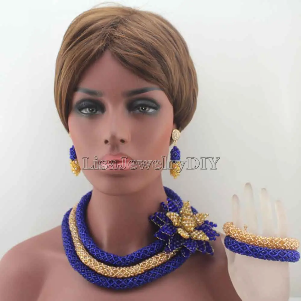 

African Wedding Beads Necklace Set Costume Nigerian Beads Royal Blueearrings Flower Crystal Jewelry Set Free Shipping HD8245