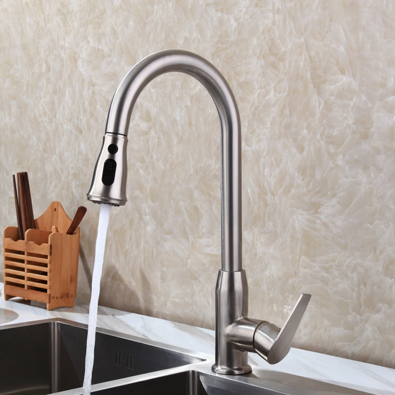 Pull Out Kitchen faucet 2 Functions Sink Mixer Faucet Pull Out Double Sprayer Nozzle Hot Cold Mixer Water Taps Brushed Finish