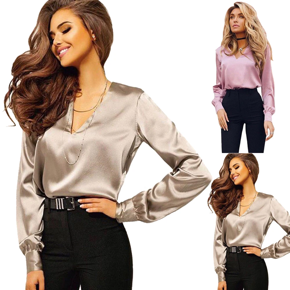 

Women Silk Blouse Long Sleeve Women Shirts Pink Gray Womens Tops and Blouses Plus Size S-2XL Work Wear OL Blusas Mujer de moda