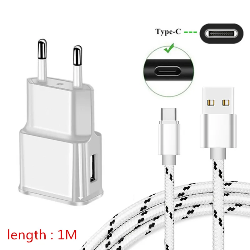 5 V 2A настенный адаптер 2 м Тип C USB Зарядное устройство провод с нейлоновой оплеткой для Samsung Galaxy S8 S9 S10 A8 huawei Коврики 20 lite P20 pro Honor; большие размеры 9, 10 - Тип штекера: EU Charger 1M Cable