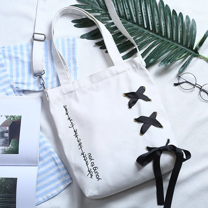 

Women Canvas Shoulder Bag Chic Ladies Ribbons Handbag Eco Environmental Tote Female Shopping Bag Casual Messenger Crossbody Bags