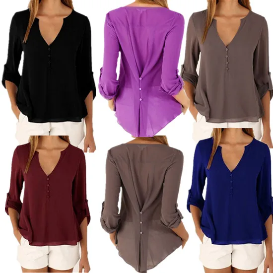 2019 جديد المرأة البلوزات الصلبة طويل كم فتاة قمصان أزياء الشيفون قميص مكتب السيدات سيدة بلوزة قمم الربيع الصيف أنيقة