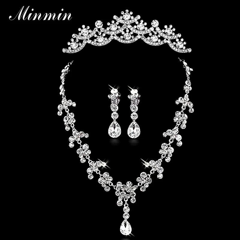 Minmin Crystal Bridal Jewelry Sets for Women Free Shipment Wedding Necklace Earrings Tiara Sets African Beads 3TL003