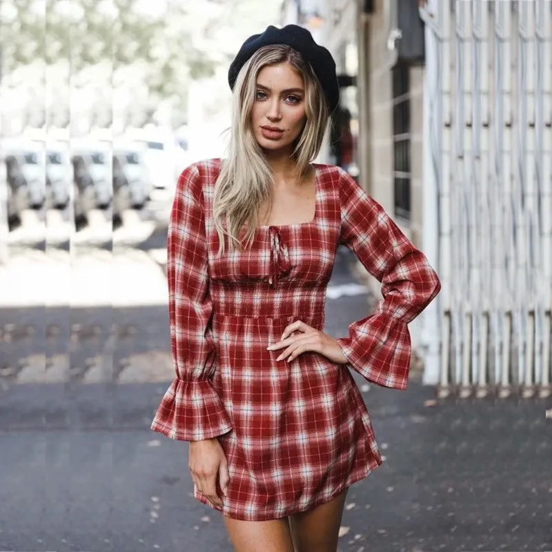 yinlinhe Red Plaid Dress Women Long Flare Sleeve Vintage Lace Up Slim Waist Summer Dress Hollow Out Elegant Vestidos  3