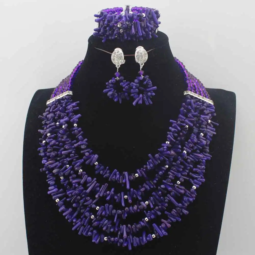 

New Nigerian Purple Coral Beads Wedding Jewelry Set Indian Women Necklace Earrings Bracelet Jewelry Set New Free Shipping HD8864