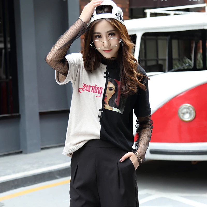 2018 Новая Женская Корейская версия свободного цвета подходящая рубашка футболка Женская Студенческая дикая с коротким рукавом Нижняя
