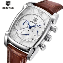 BENYAR montres Sport pour hommes, chronographe, bracelet en cuir véritable étanche 30M, luxe, boîtier rectangulaire, montre à Quartz 