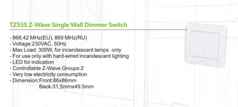 4 шт. свободное новейшее DHL TKB Home Z-Wave одиночный настенный диммер TZ55S 868,42 МГц(ЕС) для европейского рынка