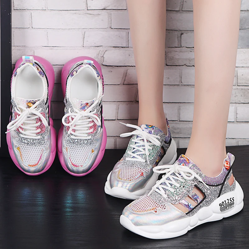 

2019 Summer New Chunky Sneakers Women Shoes Harajuku Casual Breathable Mesh Platform Sneakers Student Bling Sports Shoes