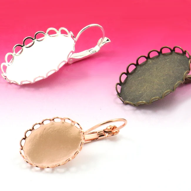 

10pcs Ear Hook 13*18MM Silver/Antique Bronze Elastic Earring Lace Border with Setting Tray for Gem Cabochons
