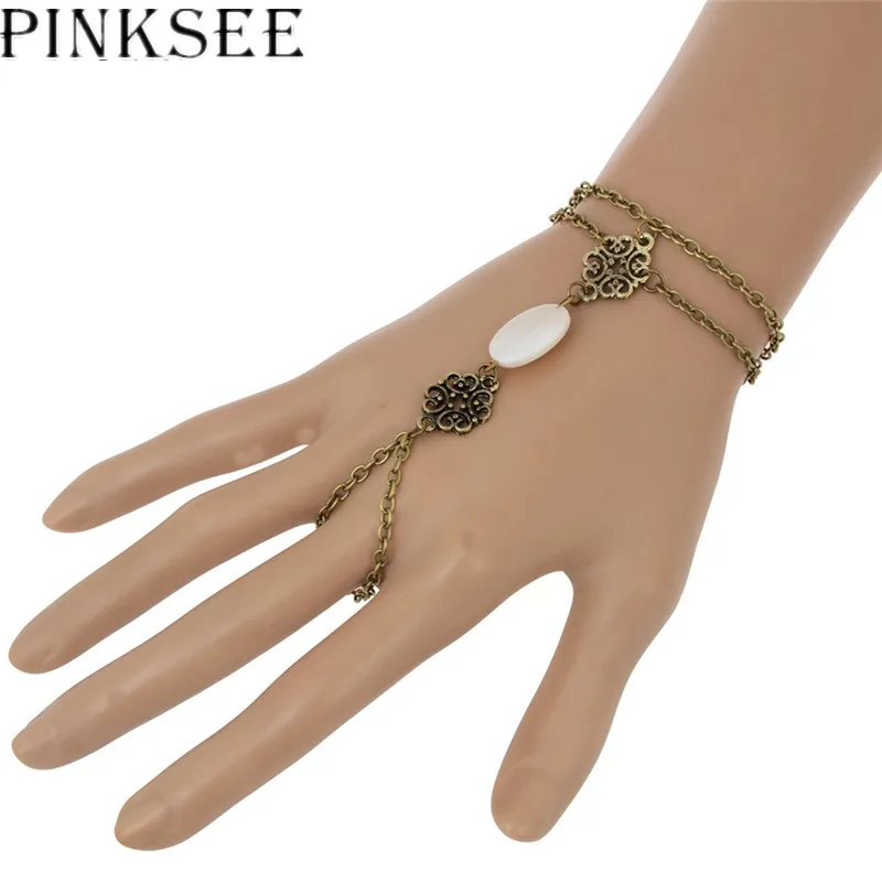 PINKSEE Vintage Hollow Flower Shell Charm Slave Bracelet Finger Chain Hand Harness Women Fashion Jewelry | Украшения и аксессуары