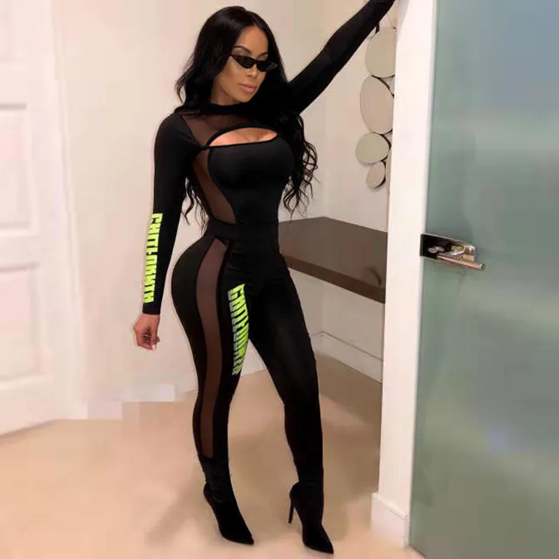 

2019 Europe and the United States spring sexy long-sleeved mesh jumpsuit shorts nightclub women's clothing