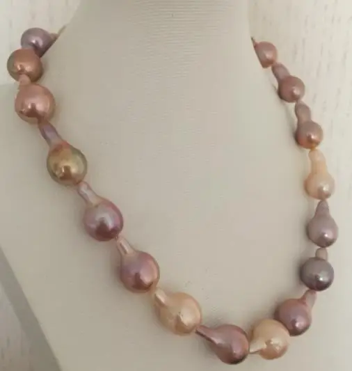 

huge 14-16mm south sea baroque multicolor pearl necklace 18inch 925silver
