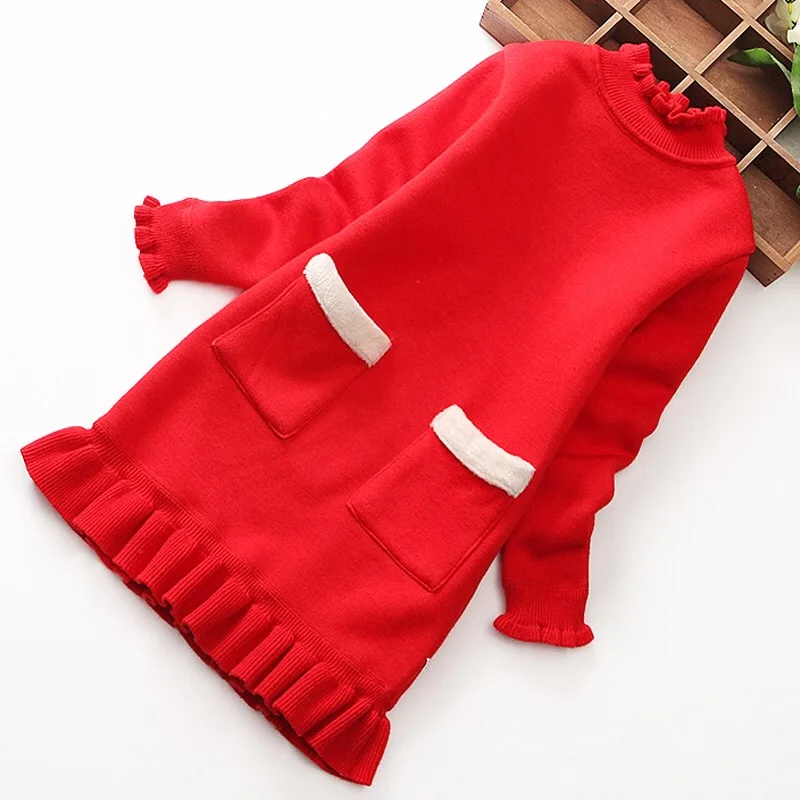 Теплый свитер для девочек трикотажное платье с фланелевой подкладкой зимний детский пуловер с высоким воротником зимняя одежда для девочек 5-15 лет
