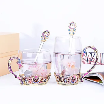 

Color enamel glass coffee mugs with spoon flower tea milk cup Europe heat resistant drinkware