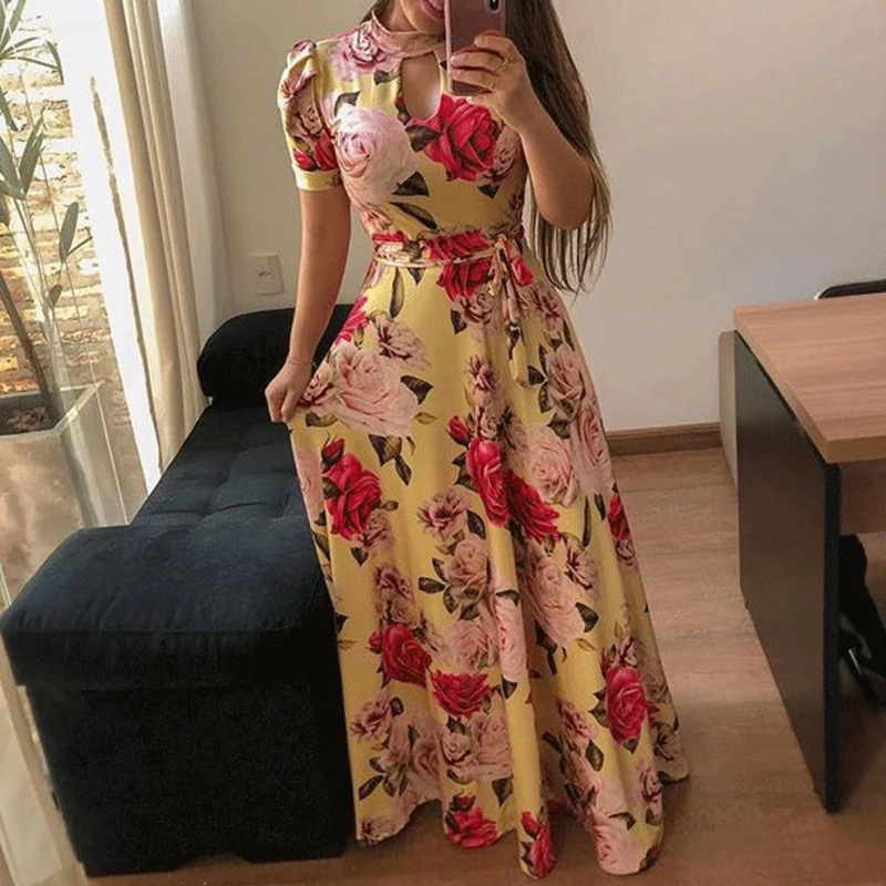 

Womens Casual Ladies Party Dress Belt Summer Maxi Long Boho Summer Plus Size