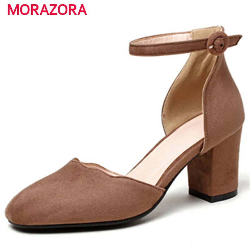 

MORAZORA Party shoes wedding women pumps flock buckle solid fashion high heels shoes square toe summer shoes big size 34-43