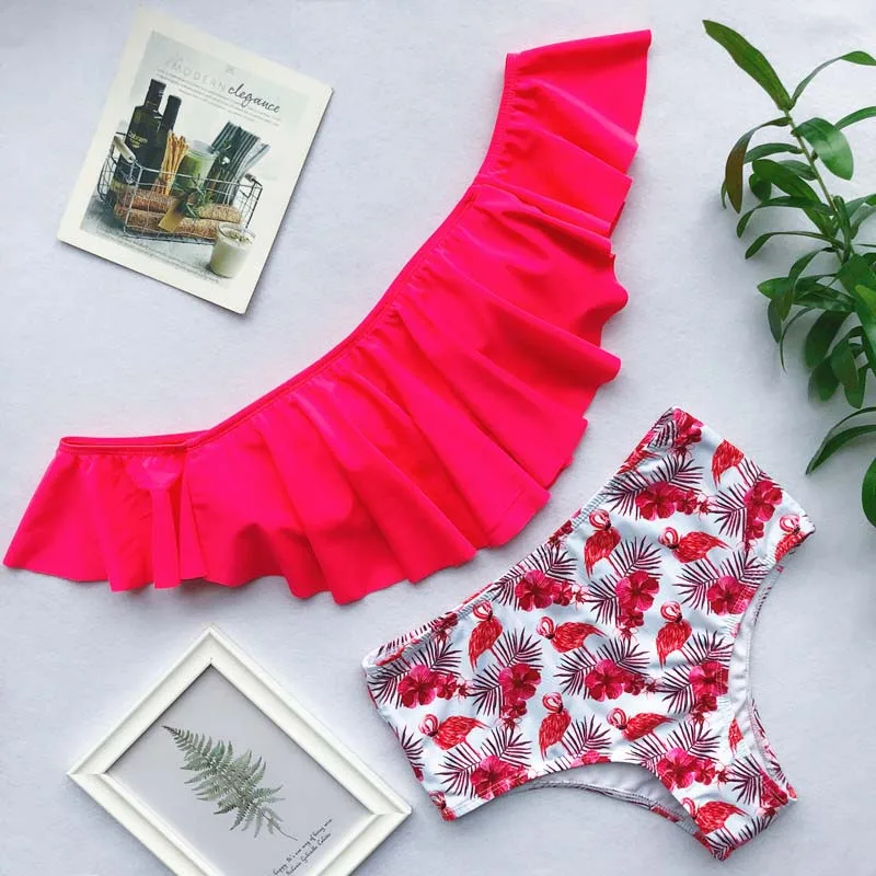 

Off Shoulder Swimwear Ruffle Bikini Bandeau birds Printed Bandage Swimsuit 2019 Female Backless Beachwear Brazilian Bikini 5040