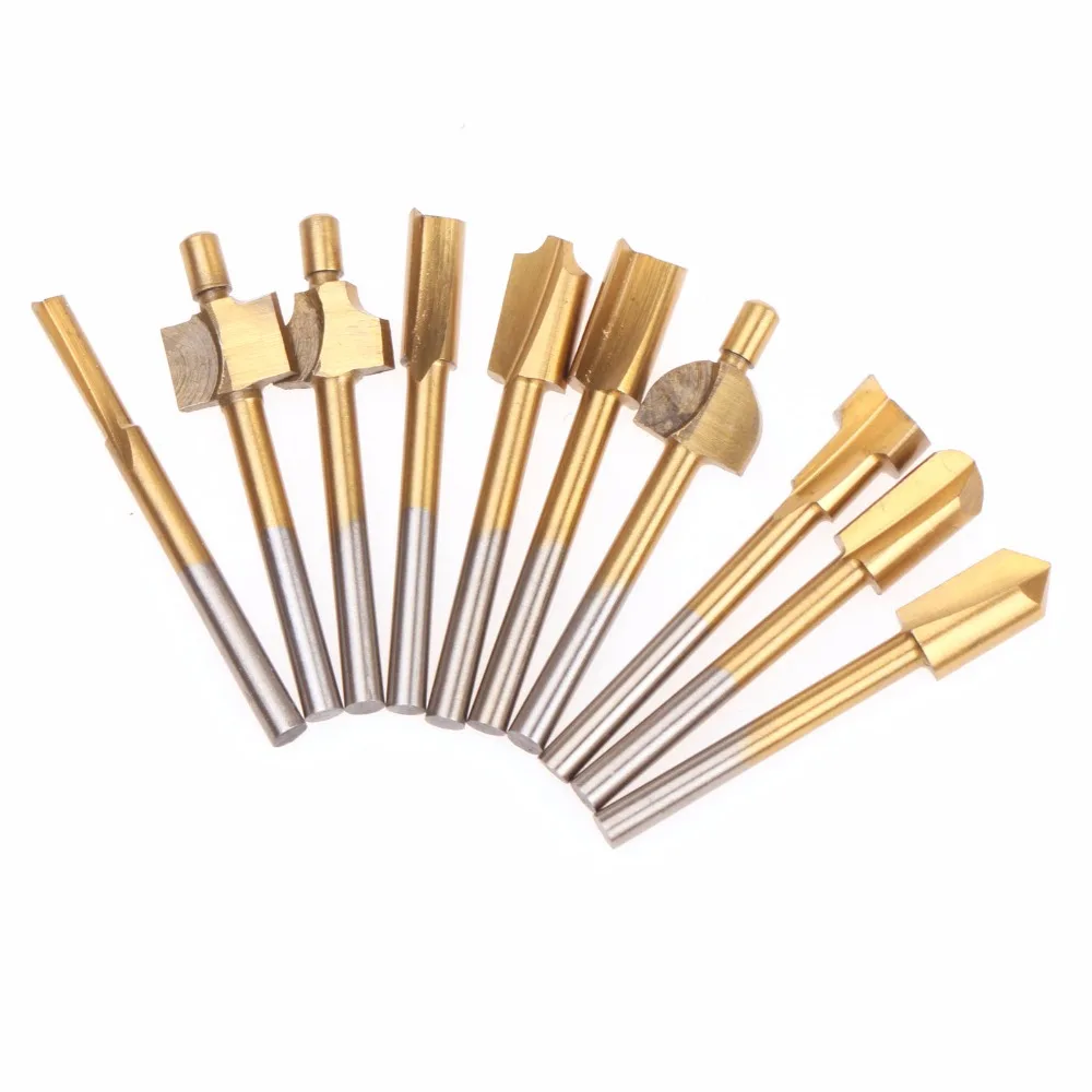 

ZFE 10Pcs Titanium Mini Hss Router Bits Trimmer Shank Dremel 1/8" 3mm For Proxxon Dremel Rotary Tool