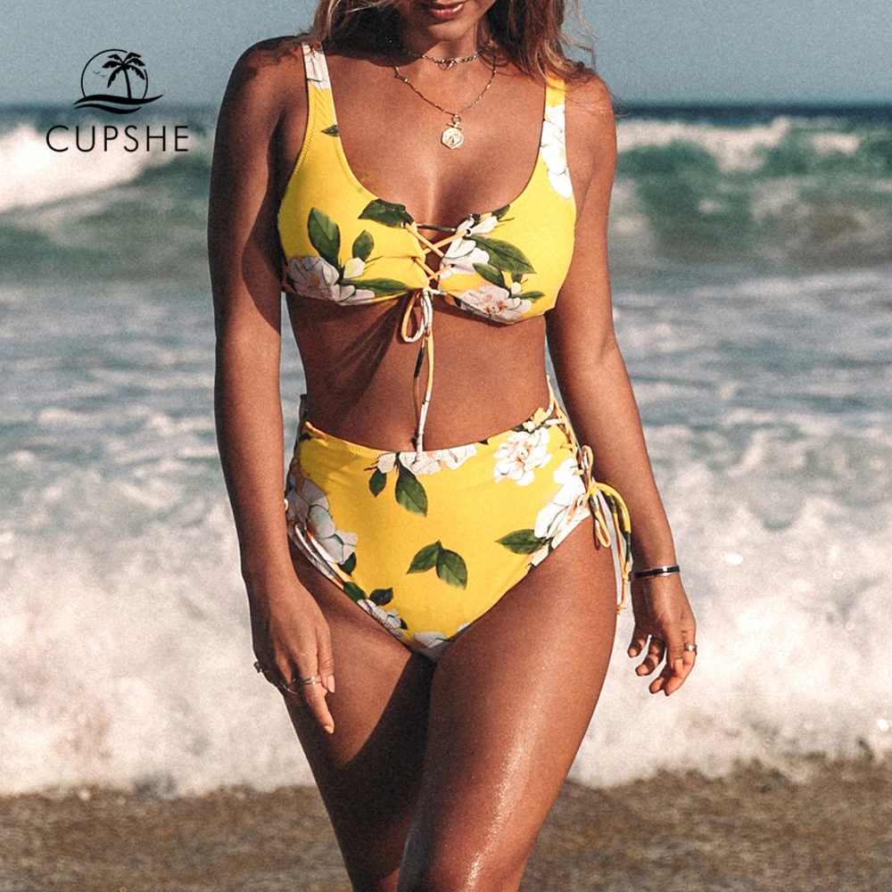 Preise CUPSHE Gelb Floral Print Bikini Sets Frauen Hohe Taille Spitze Up Zwei Stücke Badeanzüge 2020 Mädchen Sexy Strand Badeanzüge