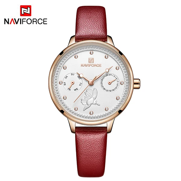 Naviforce, новые женские часы, кожаный браслет со стразами, наручные часы, женские модные часы, женские аналоговые кварцевые часы, подарки - Цвет: red