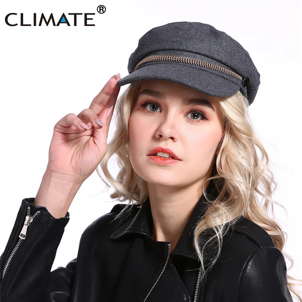 

CLIMATE Women Fashion Navy Cap Military Sailor Army Caps Punk Rivet Hat Cool Woolen Warm Caps Zipper Marine Hat Caps for Woman