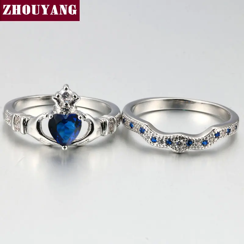 Holding the Created Blue Crystal love Heart Cubic Zirconia Crown Wedding Ring Sets Silver Color Blue Crystal 2016 new ZYR616
