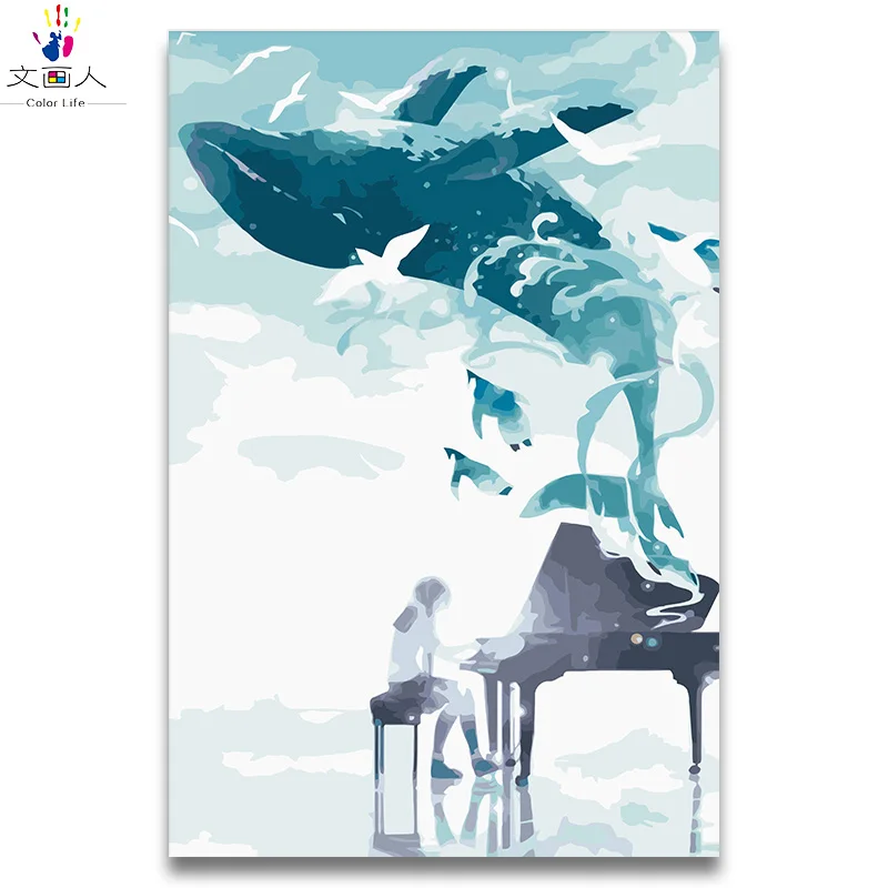 

DIY Painting By Numbers Anime picture Girl playing music and Whale seagull enjoying music,drawing Coloring By Numbers for girls