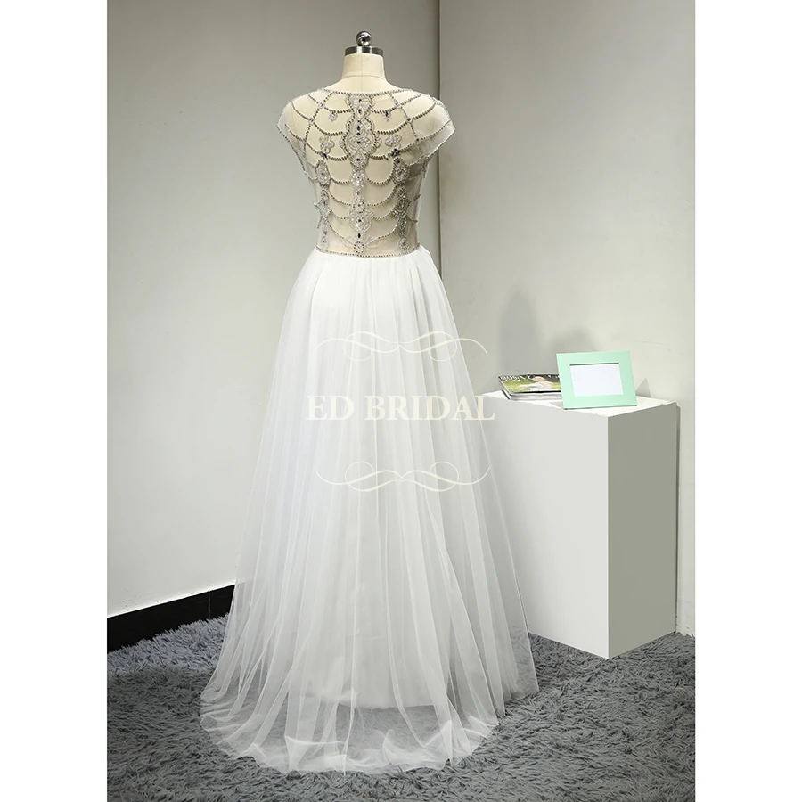 Y Backless Rhinestone Beach Wedding Dress A Line Tulle Short Y Backless Rhinestone Beach Wedding Dress A Line Tulle Short Sleeves Plunging V Neck Bridal Gowns Robe De Mariage In Dresses From Weddings