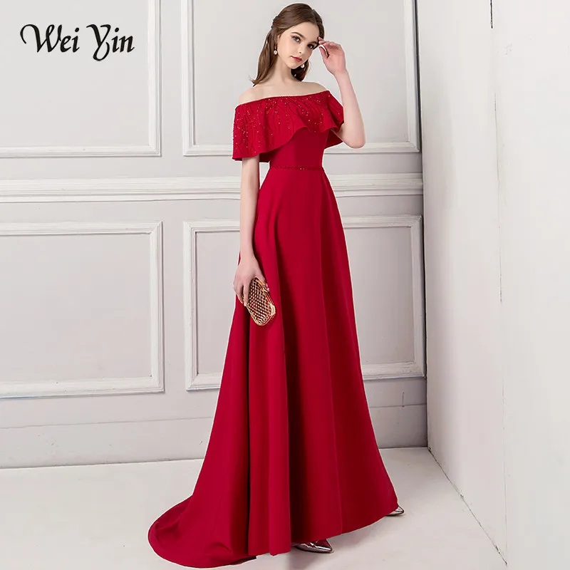 

WEIYIN Elegant Boat Neck Taffeta Straight Short Sleeves Evening Dresses 2020 Crystal Backless Floor Length Formal Evening Dress